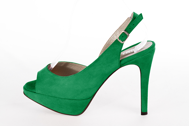 Emerald green women's slingback sandals. Round toe. Very high slim heel with a platform at the front. Profile view - Florence KOOIJMAN